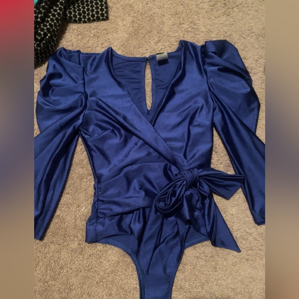 GIBIU Faux Satin Royal Blue Bodysuit Sz small